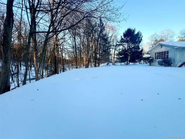 a view of a house with a snow in the yard
