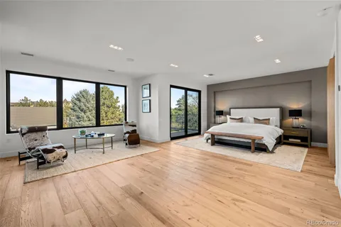 a spacious bedroom with a bed and large windows