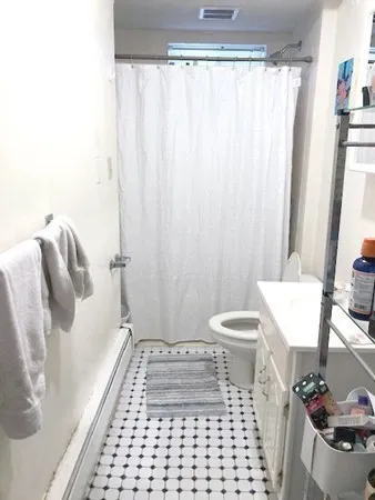 a bathroom with a shower curtain and a toilet