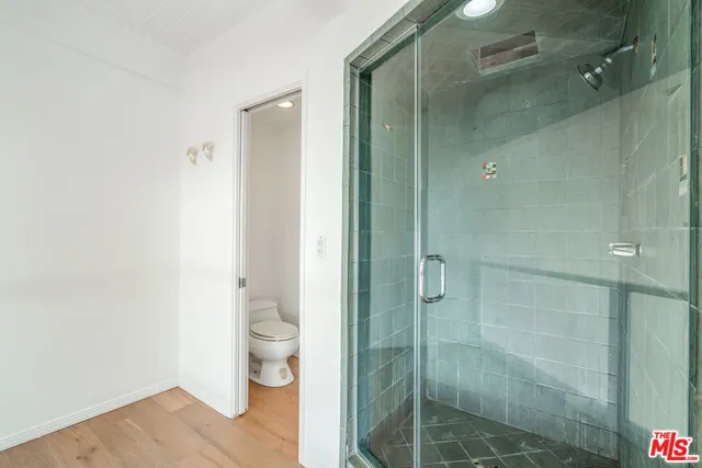 a bathroom with a shower and a toilet