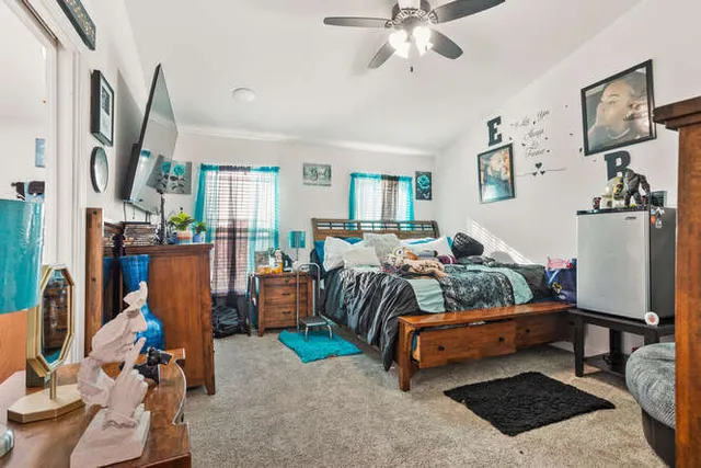 a bedroom with furniture and a window