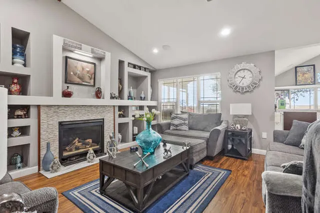 a living room with furniture and a fireplace