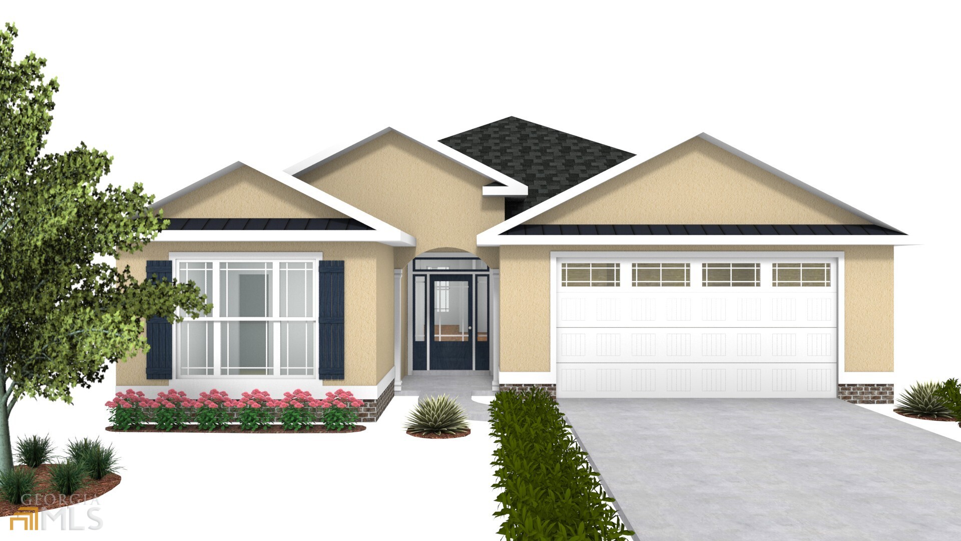 a front view of a house with a garden