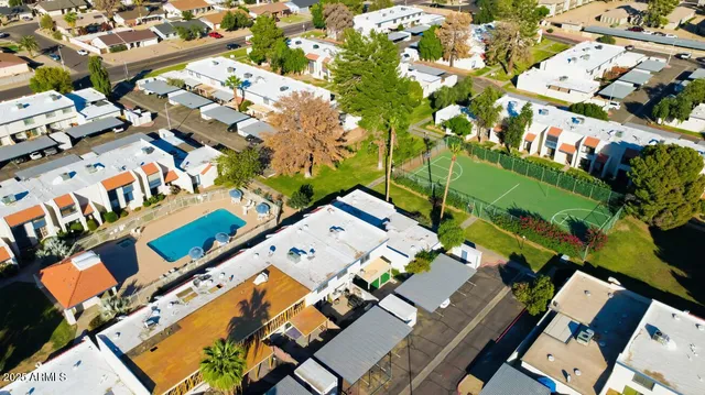 an aerial view of a swimming pool