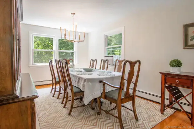 a view of a dining room with furniture window and outside view