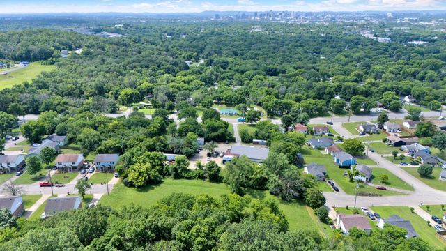 a view of a city with lush green forest