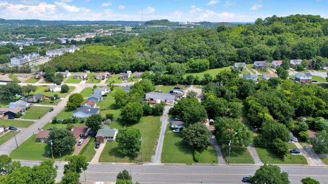 an aerial view of green landscape with trees houses and mountain view