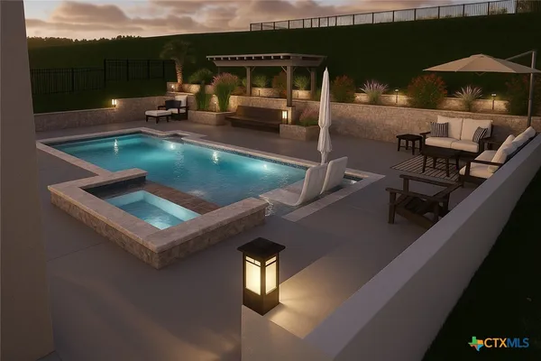 swimming pool view with a seating space