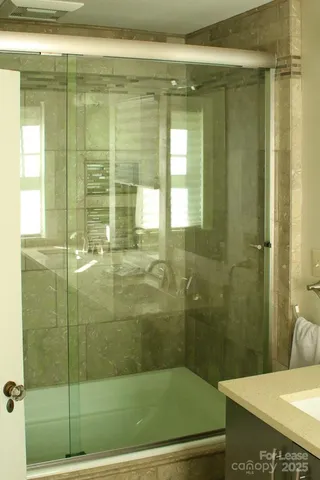 a bathroom with a shower and a sink
