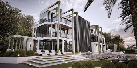 a front view of a building with street view and trees