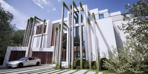 a view of a house with street and trees