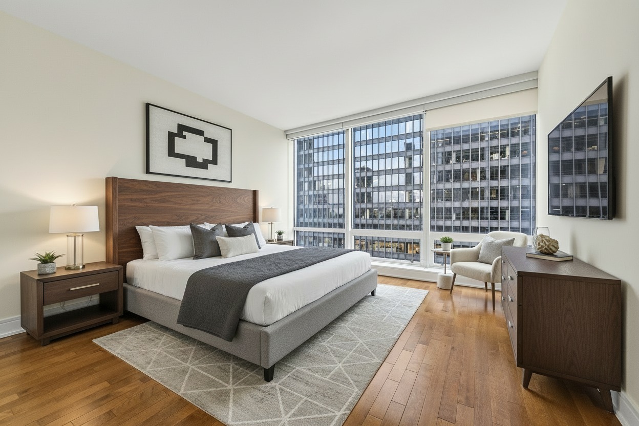 401 North Wabash Avenue, Unit 31G Chicago, IL 60611 - Photo 6 of 46 a spacious bedroom with a bed and a large window
