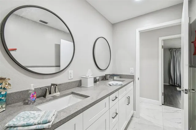 an aerial view of a swimming pool