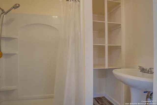 a bathroom with a sink and a shower