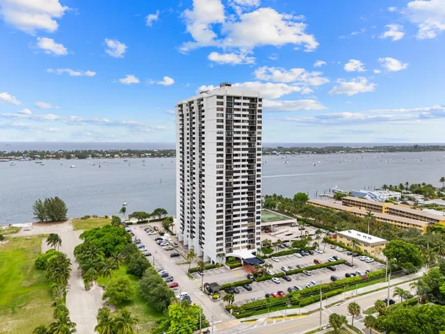 a view of a lake with a city