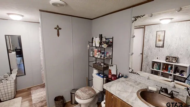 a bathroom with a granite countertop sink a toilet and shower