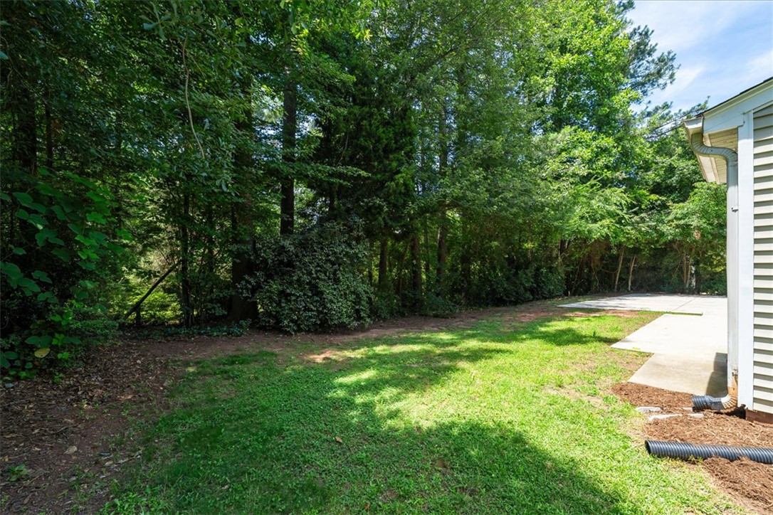 212 Blue Ridge Drive Clemson, SC 29631 - Photo 28 of 33 Green yard space extends from a concrete patio, bordered by dense mature trees.