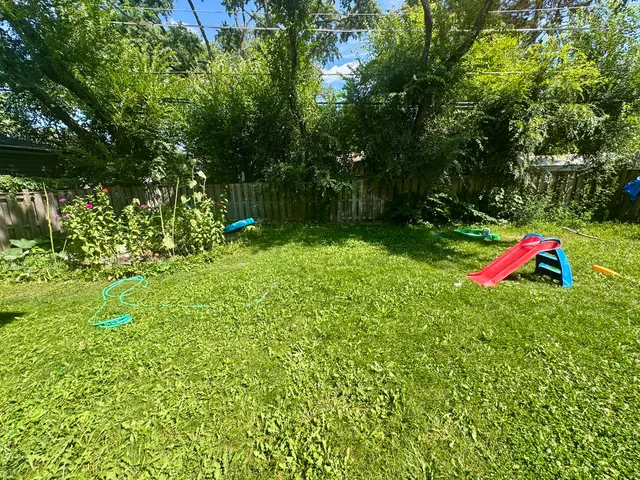 a backyard of a house with trampoline and tree