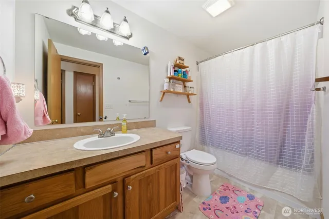 a bathroom with a sink a toilet and shower curtain