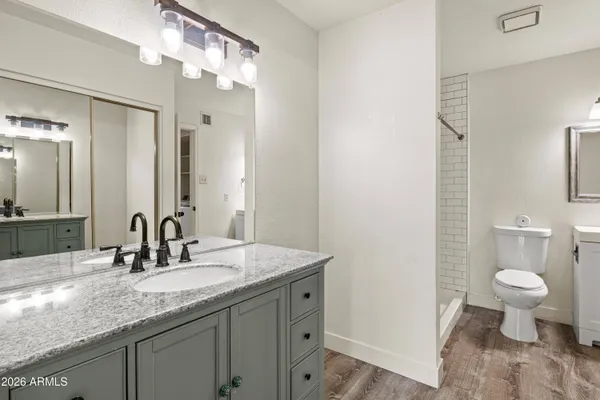 a bathroom with a granite countertop sink a toilet and a mirror