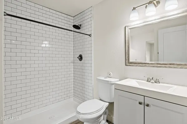 a bathroom with a sink a toilet and shower