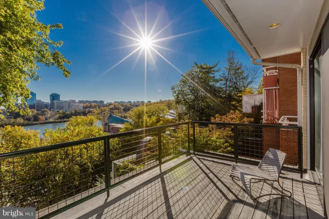 a view of a balcony with wooden floor and potted plants