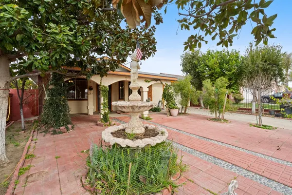 a view of a yard with plants and trees