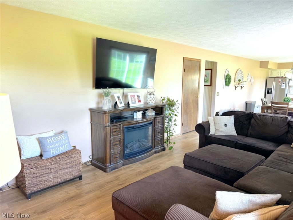 3906 Webb Road Ravenna, OH 44266 - Photo 9 of 33 Spacious living area featuring wood-finish flooring, a built-in media console with an electric fireplace, and warm neutral wall tones