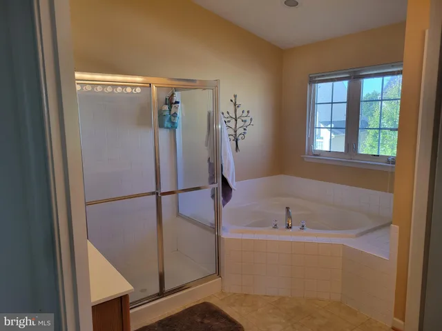 a bathroom with a bathtub and a shower