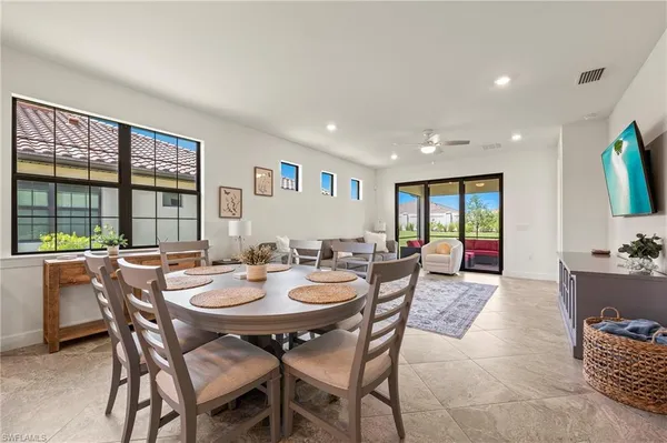 a view of a dining room with furniture