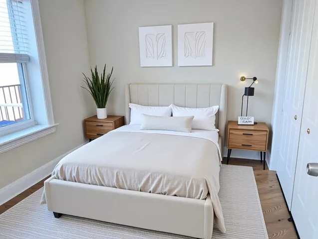 a bedroom with a bed and a potted plant