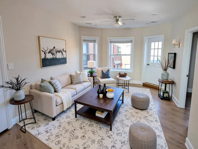 a living room with furniture and wooden floor