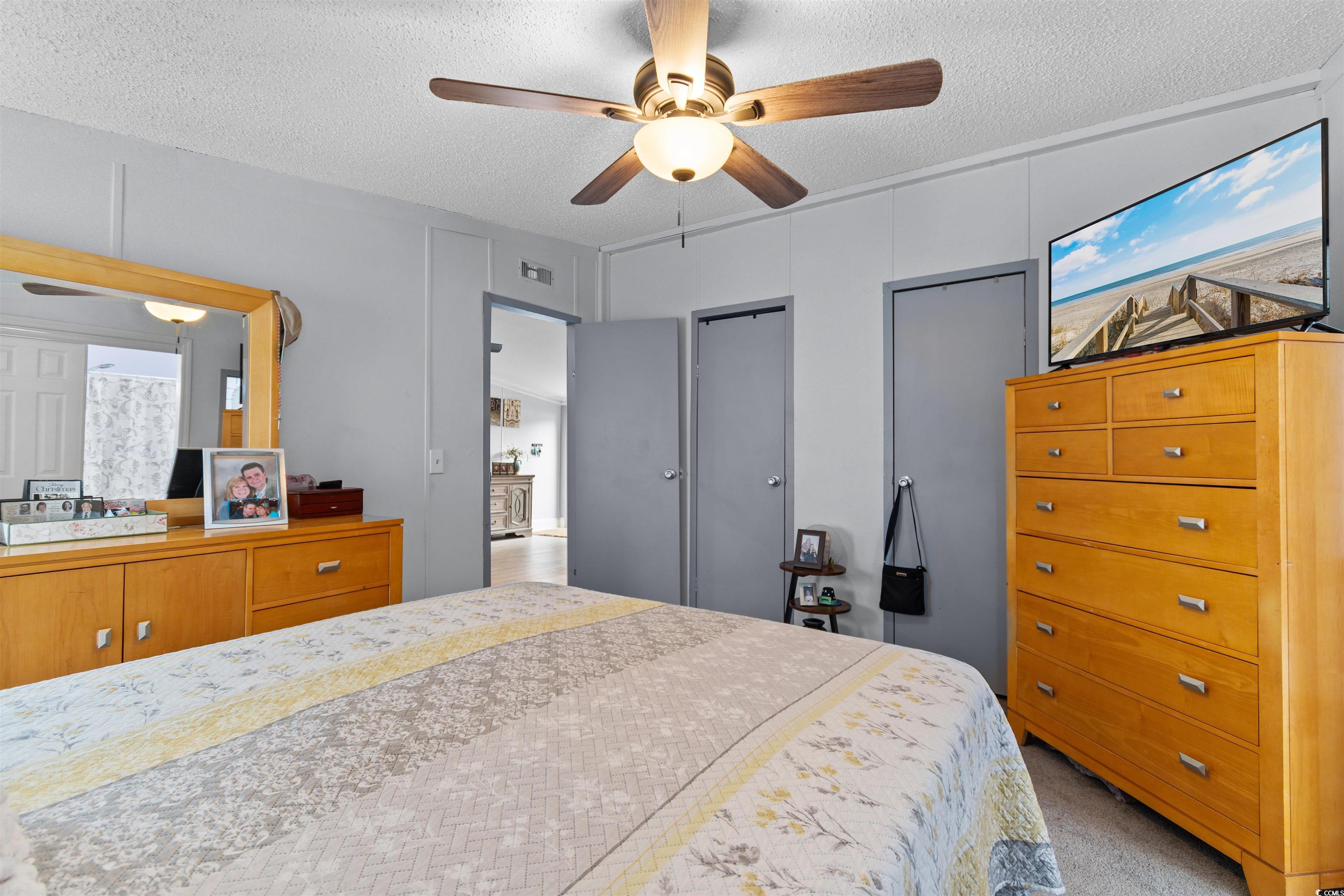 11140 Mcdowell Shortcut Road Murrells Inlet, SC 29576 - Photo 17 of 33 Carpeted bedroom featuring a textured ceiling, ceiling fan, and two closets