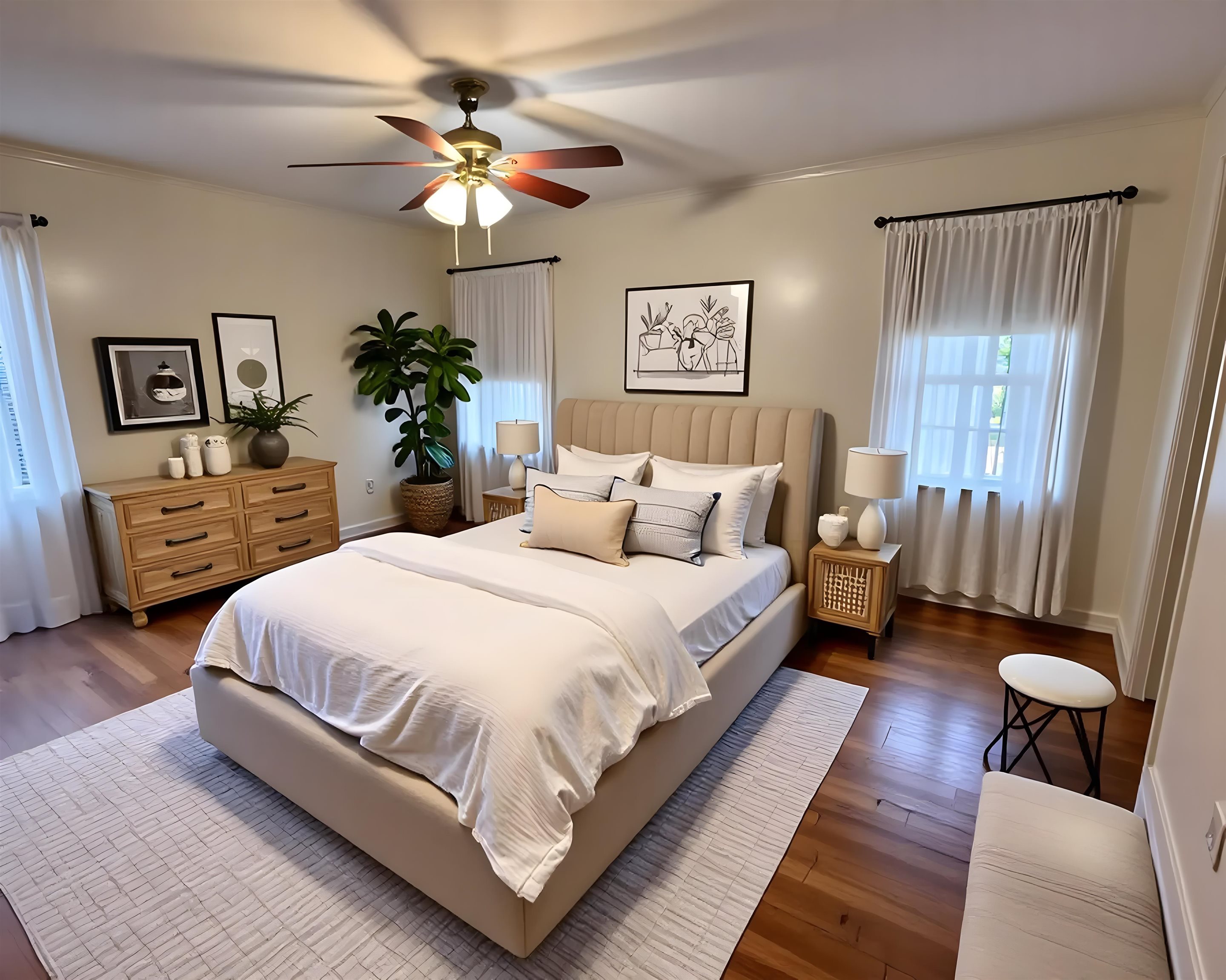 5575 Walnut Grove Road Memphis, TN 38120 - Photo 28 of 36 Staged Guest Bedroom with dark wood-type flooring, ceiling fan, and ornamental molding