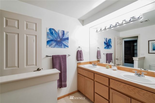 a bathroom with a sink double vanity and a mirror