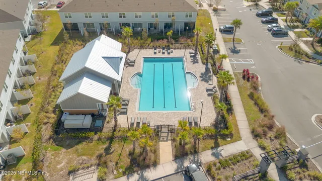 aerial view of a house with patio