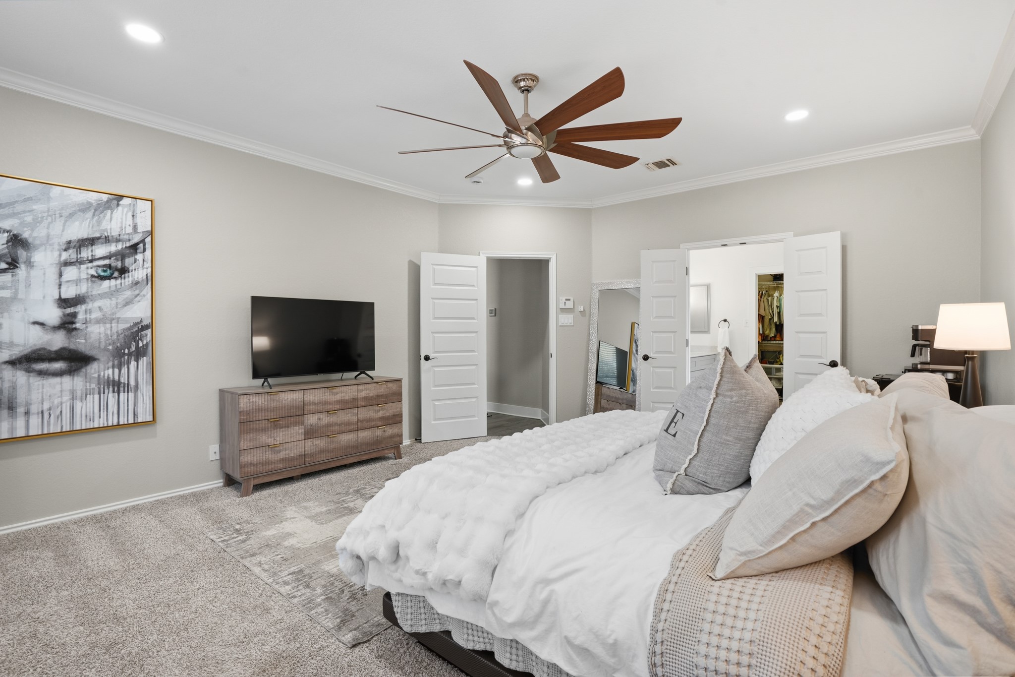 13922 Jubilee Way Helotes, TX 78023 - Photo 10 of 27 Carpeted bedroom featuring ornamental molding, a ceiling fan, and recessed lighting