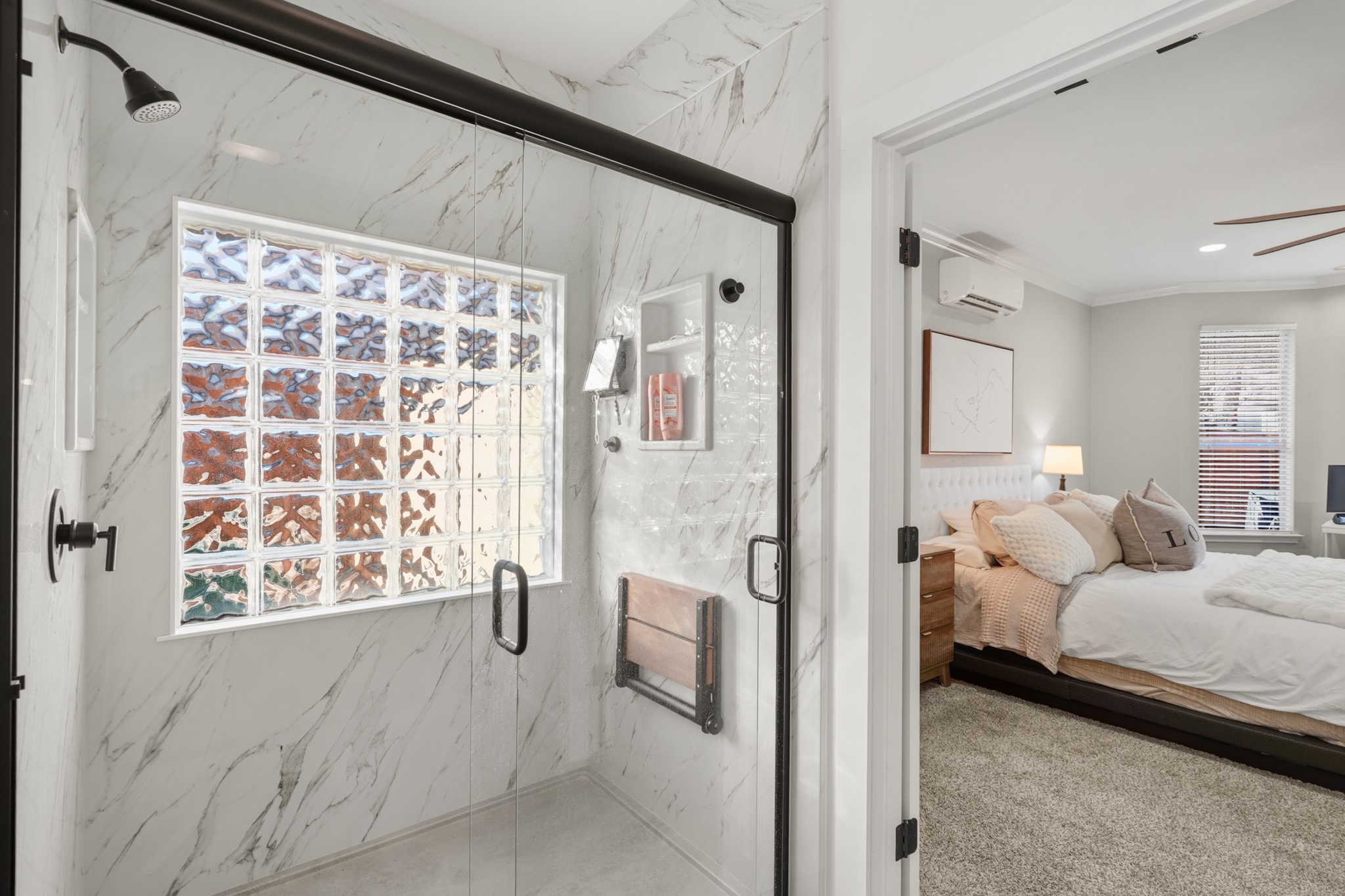 13922 Jubilee Way Helotes, TX 78023 - Photo 12 of 27 Bathroom with a marble finish shower, ensuite bath, crown molding, and ceiling fan