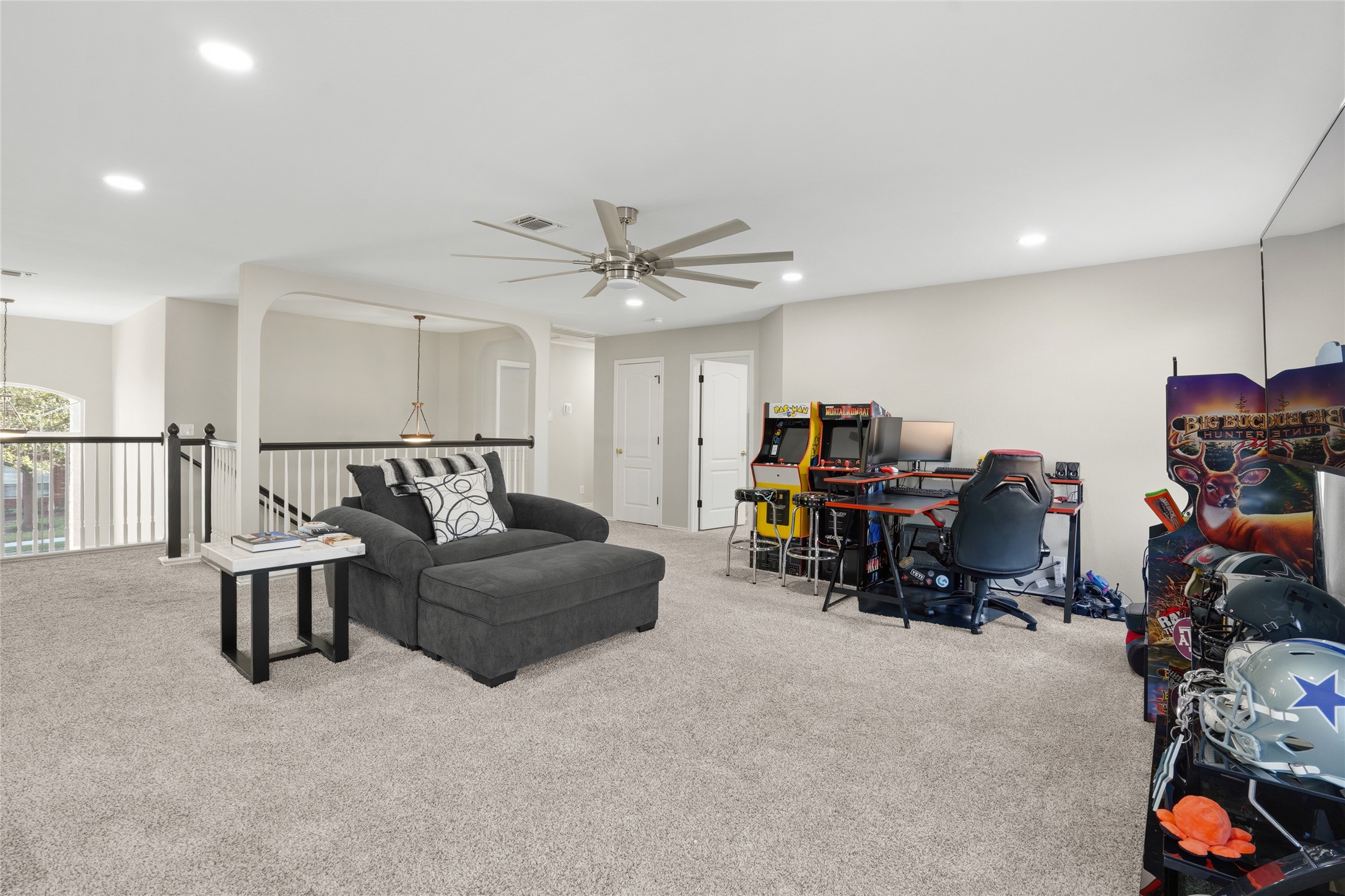 13922 Jubilee Way Helotes, TX 78023 - Photo 18 of 27 Game room area with carpet, an office area, a ceiling fan, and recessed lighting