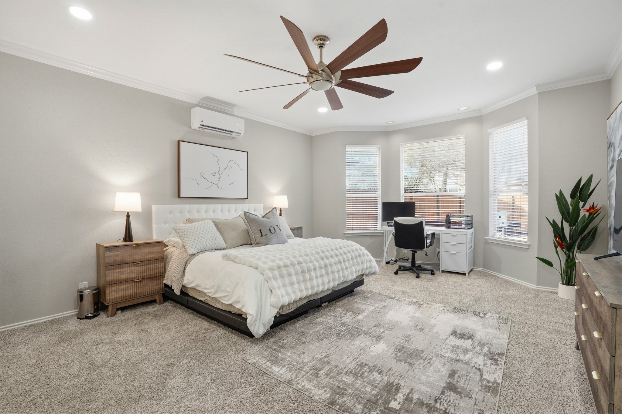 13922 Jubilee Way Helotes, TX 78023 - Photo 9 of 27 Bedroom featuring an office area, light colored carpet, crown molding, recessed lighting, and a ceiling fan