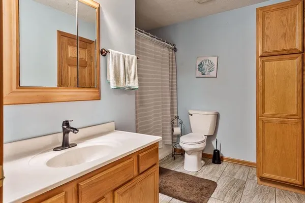 a bathroom with a sink a toilet and mirror