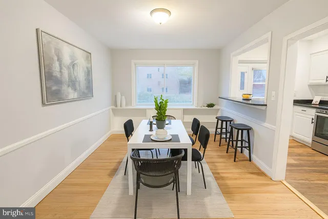 a view of a dining room with furniture