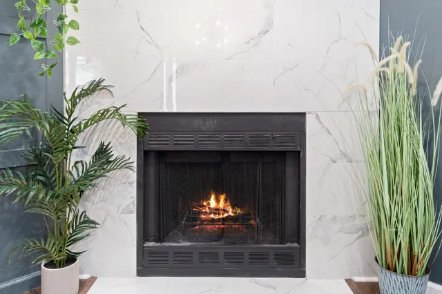 a room with a fireplace and a potted plant