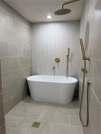 a bathroom with a bathtub