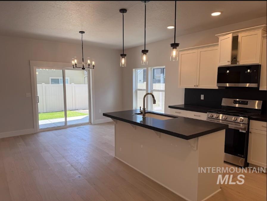 665 West Wrangler Street Meridian, ID 83646 - Photo 2 of 18 Open-concept kitchen and dining area featuring light wood-finish flooring, a kitchen island with dark countertops, white cabinetry, and stainless steel appliances