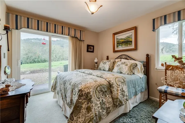 a bedroom with a bed and a table in it