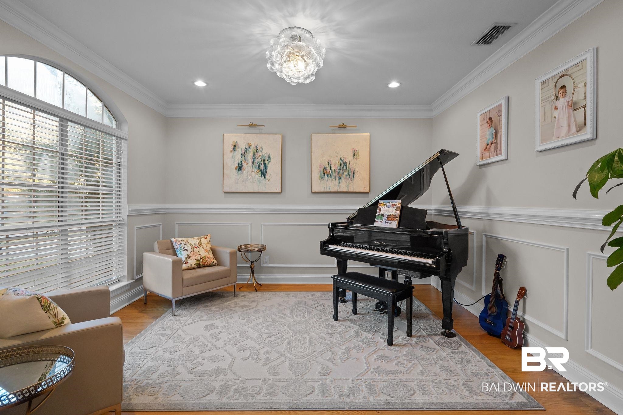 1825 Spring Hill Avenue Mobile, AL 36607 - Photo 10 of 43 Sitting room with light wood finished floors, crown molding, recessed lighting, a wainscoted wall, and a chandelier