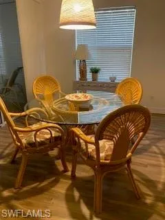 a view of a dining room with furniture
