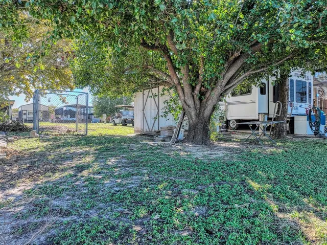a view of a house with backyard and a tree