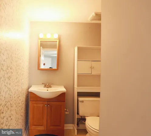 a bathroom with a sink a toilet and mirror